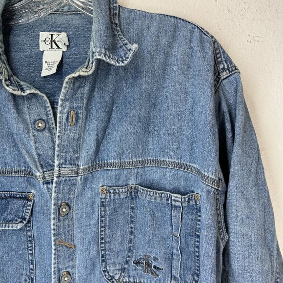 CK Calvin Klein Mens Denim Shirt Small Blue Logo y2K 90s vintage button up layer - Picture 3 of 11